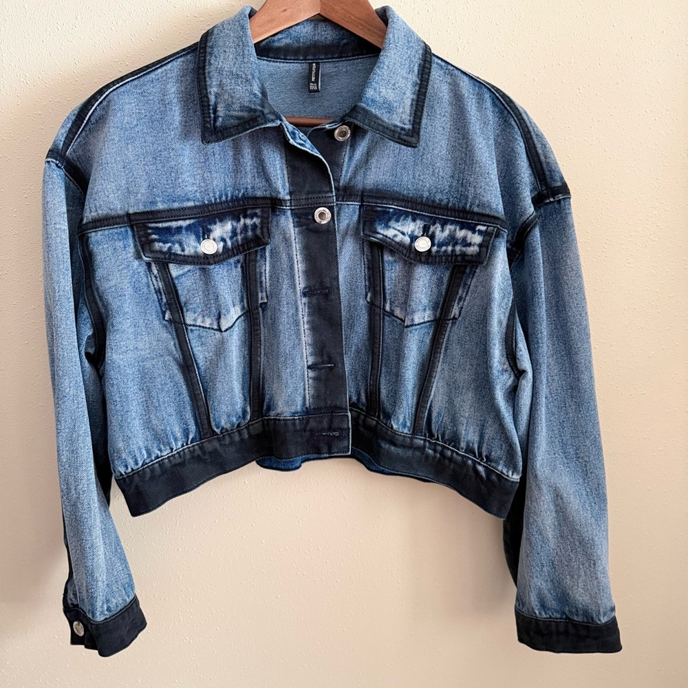PrettyLittleThing Acid Wash Cropped Denim Jacket Oversized Boxy US 6 - Picture 10 of 11
